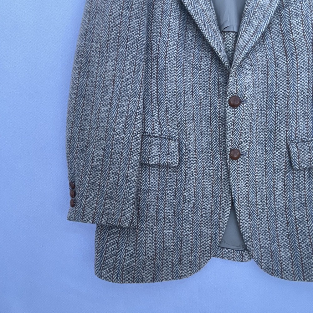 Vintage 1960s Harris Tweed Herringbone Blazer 42R Brown 100% Wool Made In USA - Picture 4 of 16